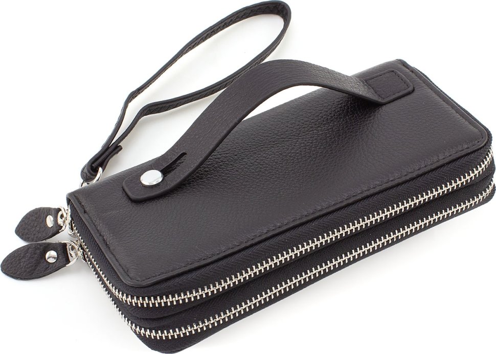 Функциональный кожаный кошелек из фактурной кожи черного цвета на две молнии Marco Coverna (21594)