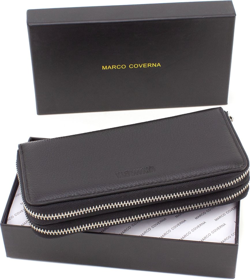 Функциональный кожаный кошелек из фактурной кожи черного цвета на две молнии Marco Coverna (21594)
