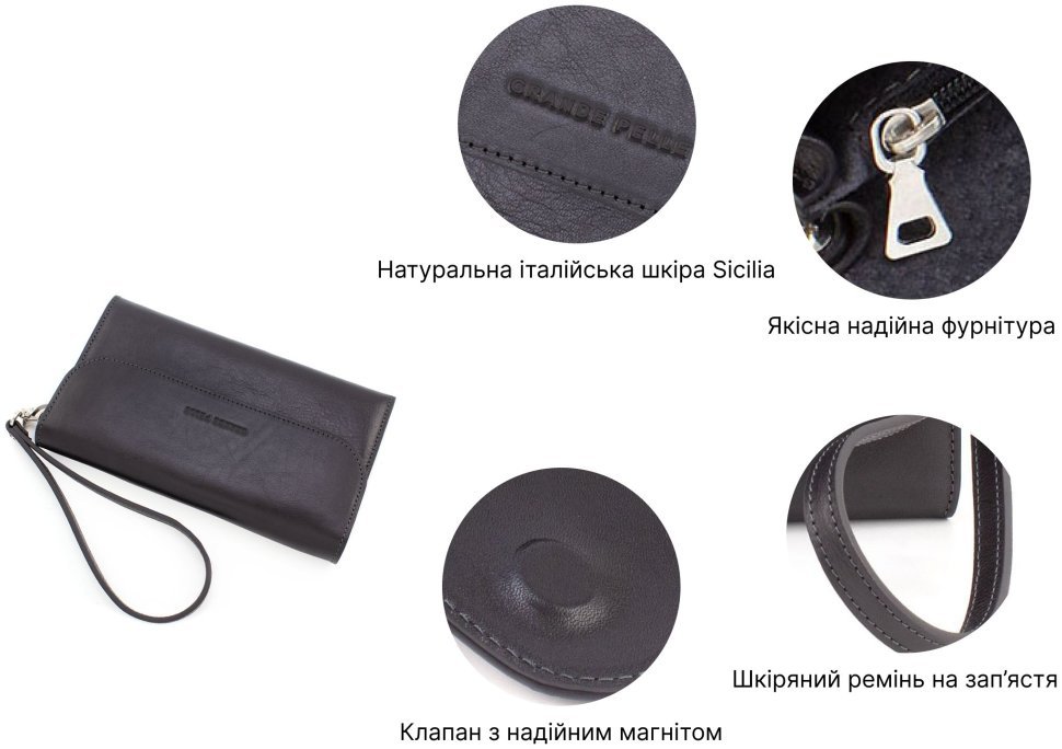 Універсальний клатч чорного кольору з натуральної шкіри високої якості Grande Pelle (10502) modnotak фото №4