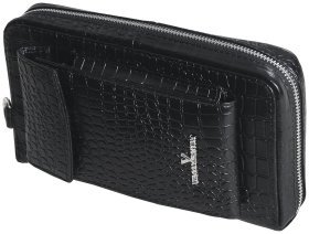 Клатч із натуральної шкіри під фактуру кроко з плечовим ременем Vip Collection 102340 чорного кольору