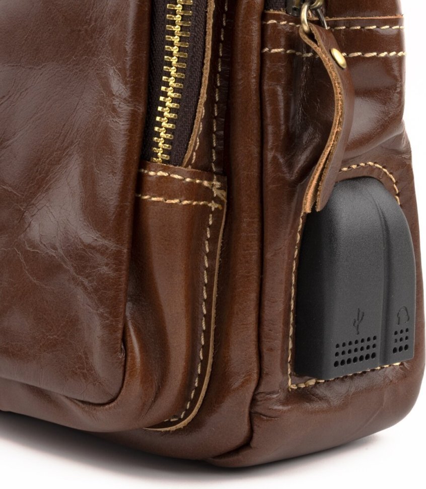 Чоловік шкіряний рюкзак через одне плече з USB-виходом VINTAGE STYLE (14839)