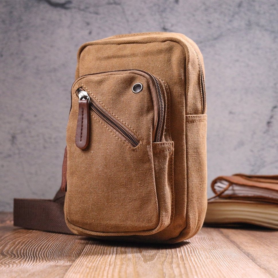 Практичная мужская сумка через плечо из светло-коричневого текстиля Vintage (2421230)