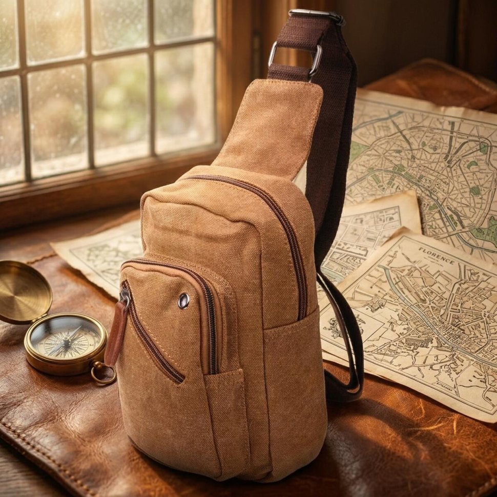 Практична чоловіча сумка через плече із світло-коричневого текстилю Vintage (2421230) modnotak фото №10
