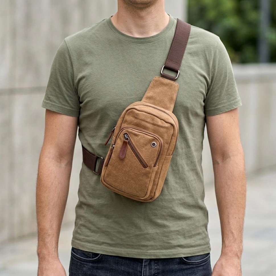 Практична чоловіча сумка через плече із світло-коричневого текстилю Vintage (2421230) modnotak фото №13