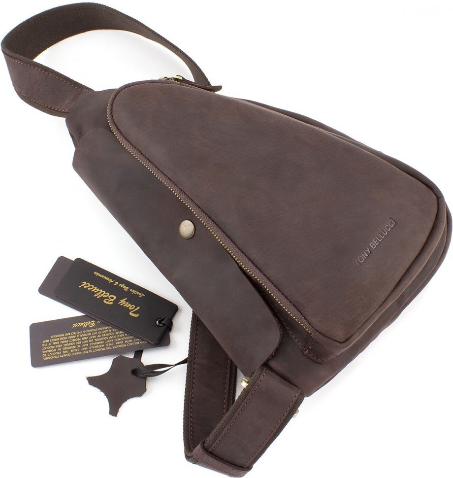 Чоловіча сумка-рюкзак темно-коричневого кольору з вінтажній шкіри Tony Bellucci (10728)