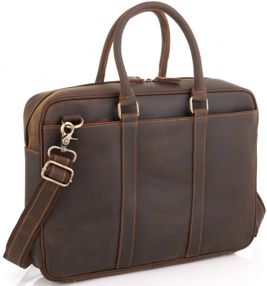 Винтажная мужская кожаная сумка для ноутбука в коричневом цвете с ручками Tiding Bag (21486)