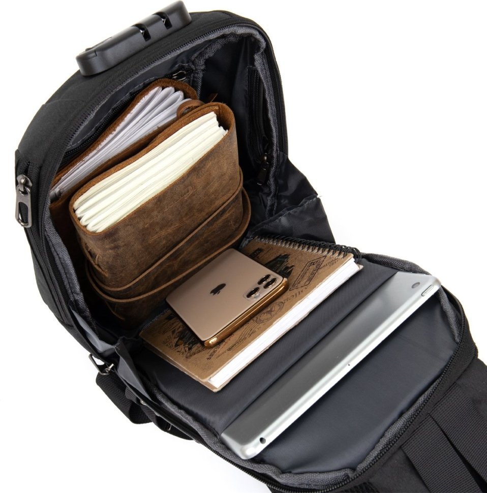 Черная текстильная мужская эргономичная сумка-рюкзак через плечо с кодовым замком Vintage (20553)
