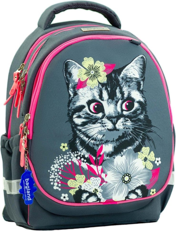 Текстильный серый школьный рюкзак для девочки с котиком Bagland Butterfly 55640