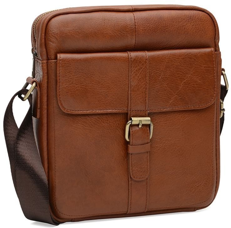 Мужская повседневная кожаная сумка через плечо коричневого цвета Borsa Leather (19330)