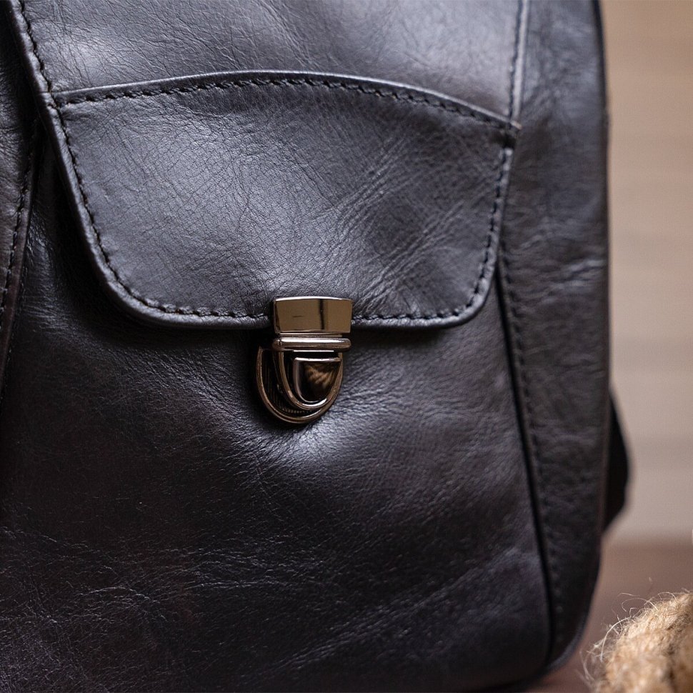 Чорна сумка з щільної натуральної шкіри на блискавичної застібці Vintage (14995)