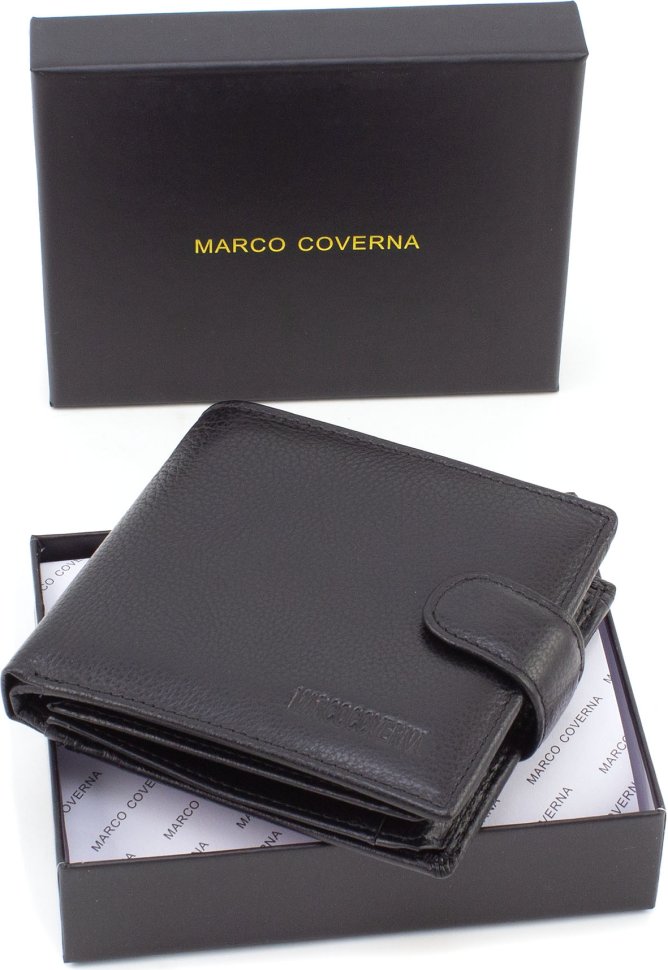Мужское портмоне из натуральной зернистой кожи черного цвета под много карт Marco Coverna (21596)