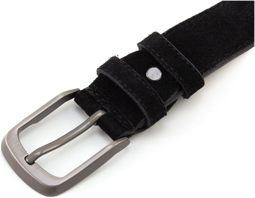 Черный замшевый ремень под брюки с пряжкой сатинового цвета Sergio Torri 35604
