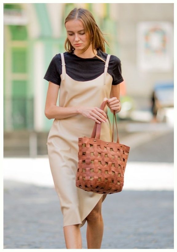 Плетена жіноча сумка із вінтажної шкіри світло-коричневого кольору BlankNote Пазл L 78740