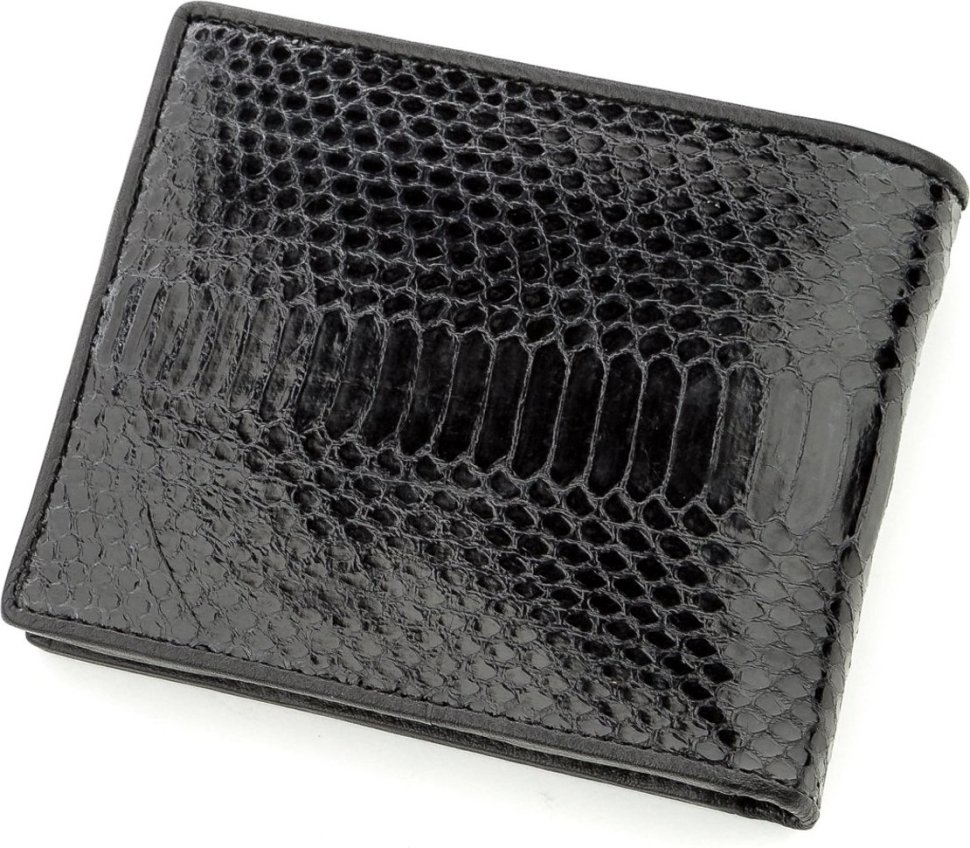 Компактне портмоне чорного кольору зі зміїної шкіри SEA SNAKE LEATHER (024-18567)