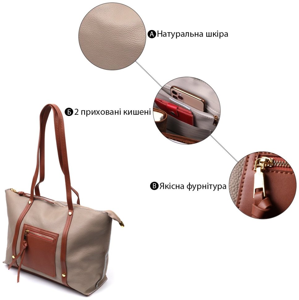 Бежевая женская сумка большого размера из натуральной кожи Vintage 2422304 modnotak фото №11