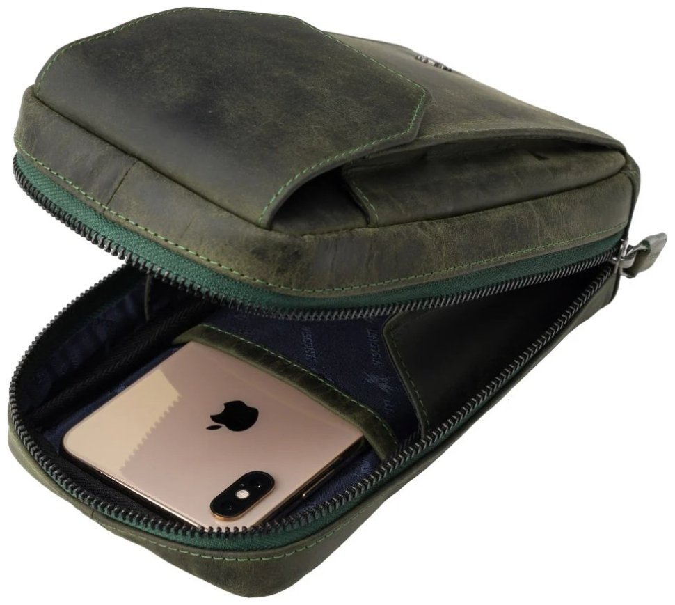 Миниатюрная мужская сумка на пояс или на плечо из винтажной кожи зеленого цвета Visconti 81941 modnotak фото №3