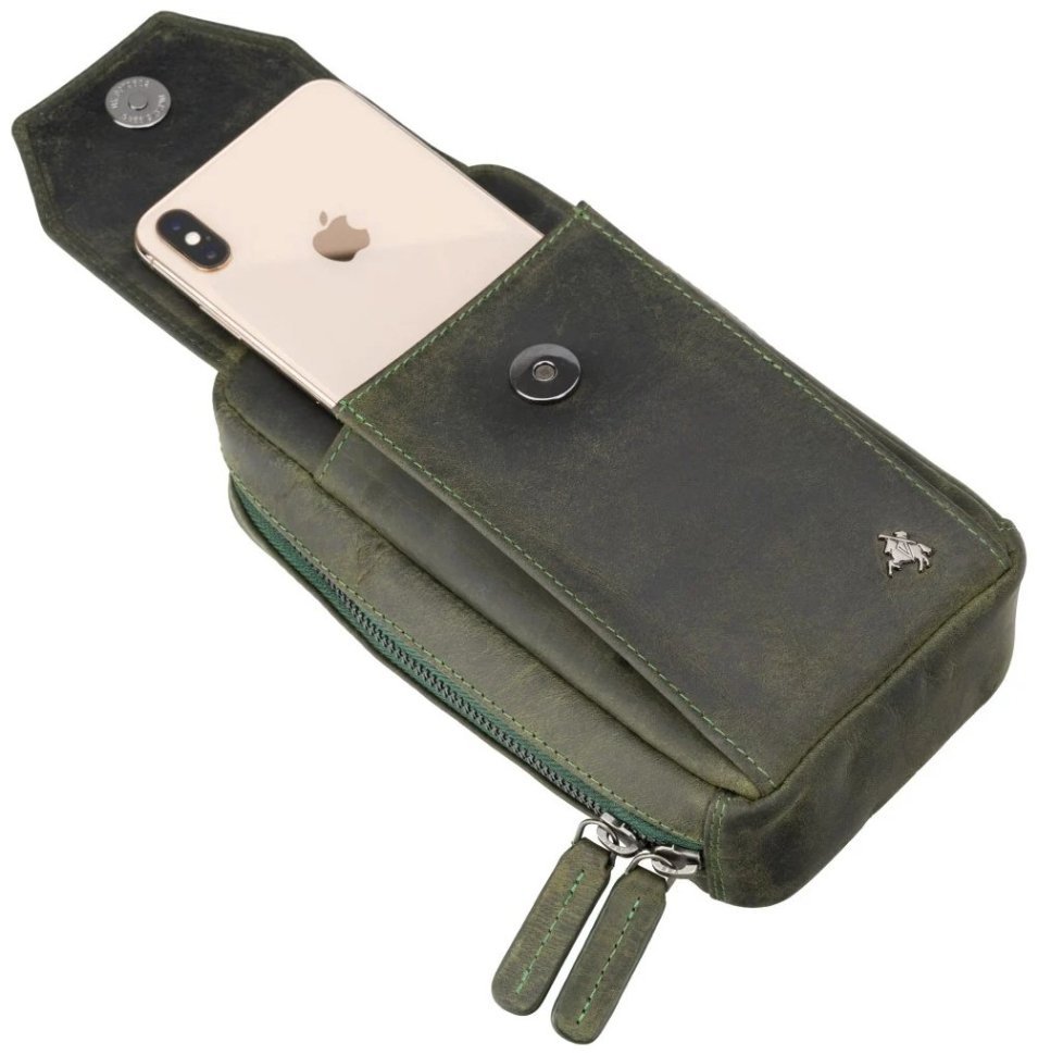 Миниатюрная мужская сумка на пояс или на плечо из винтажной кожи зеленого цвета Visconti 81941 modnotak фото №4