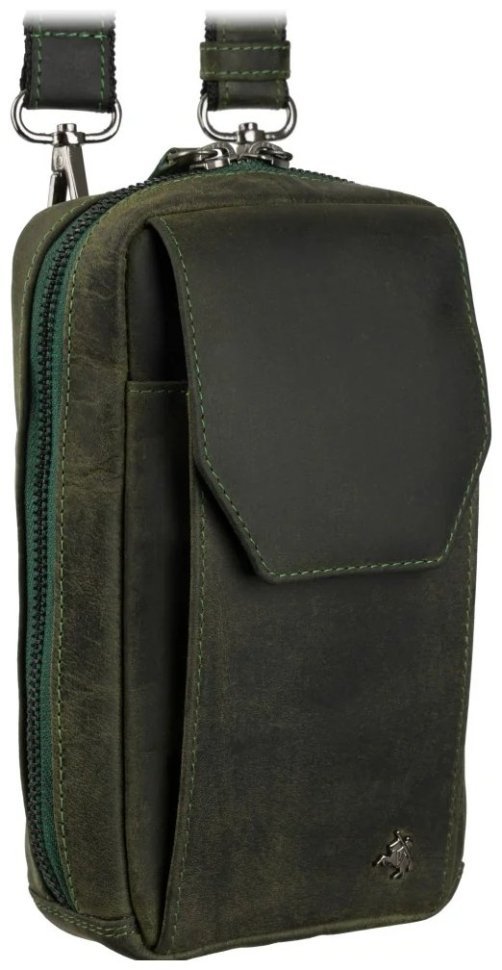 Миниатюрная мужская сумка на пояс или на плечо из винтажной кожи зеленого цвета Visconti 81941 modnotak фото №9