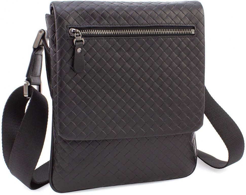 Мужская черная сумка-планшет из натуральной кожи с тиснением плетенка H.T. Leather (10221)
