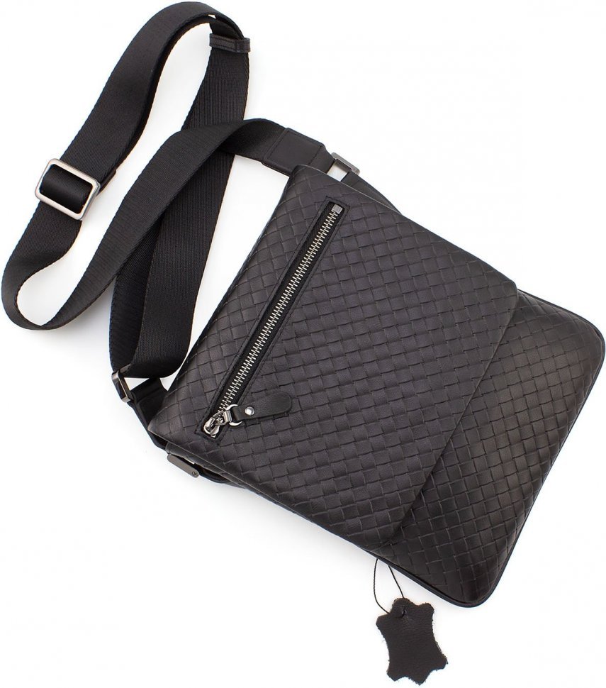 Мужская черная сумка-планшет из натуральной кожи с тиснением плетенка H.T. Leather (10221)