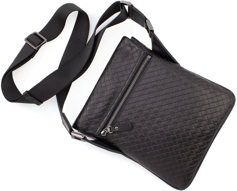 Чоловіча чорна сумка-планшет з натуральної шкіри з тисненням плетінка HT Leather (10221)
