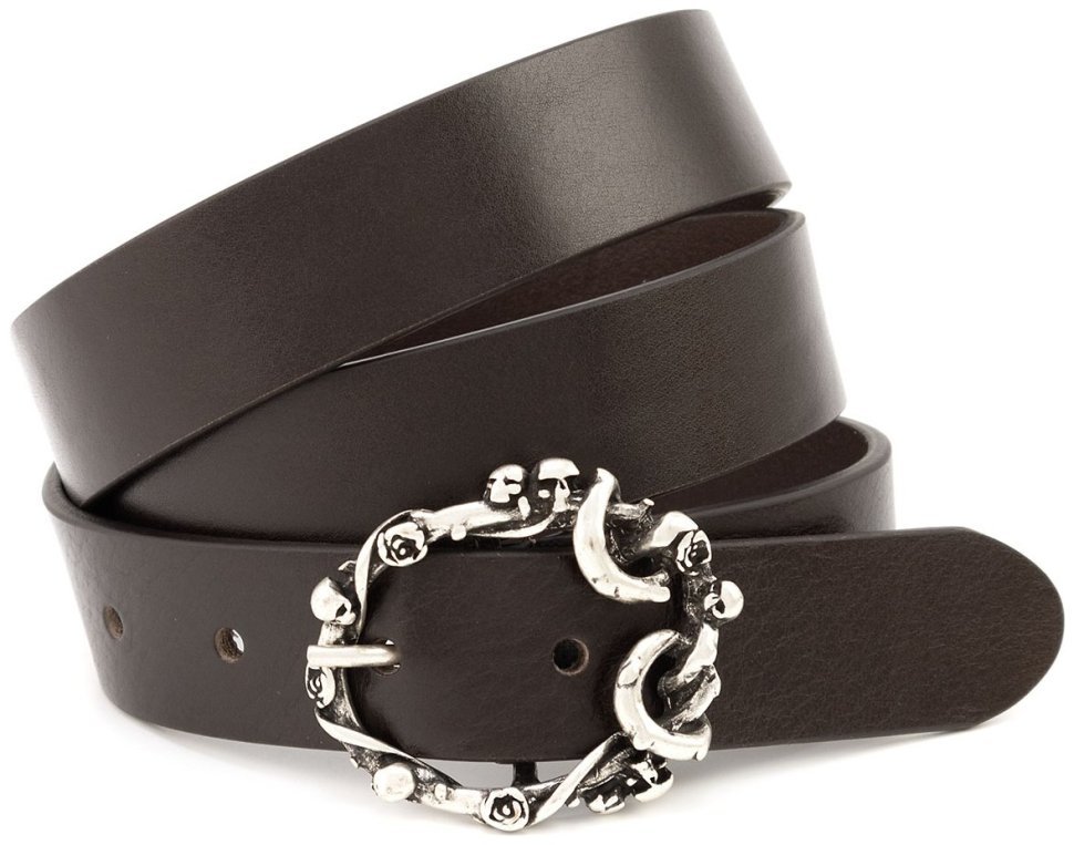 Дизайнерський жіночий італійський шкіряний ремінь із пряжкою з черепами Gherardini 35307 темно-коричневий modnotak фото №1