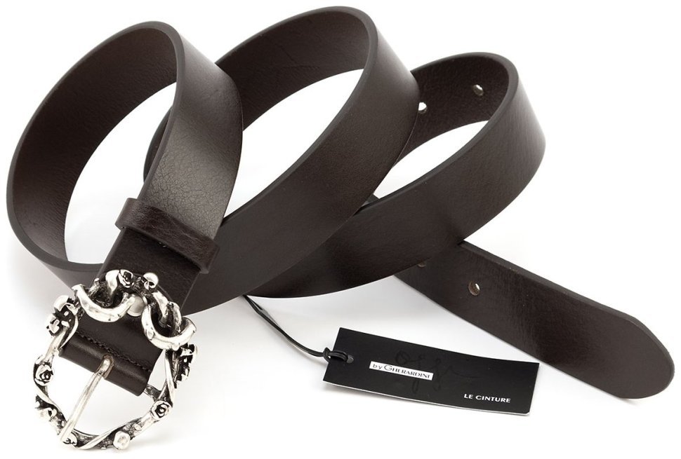 Дизайнерський жіночий італійський шкіряний ремінь із пряжкою з черепами Gherardini 35307 темно-коричневий modnotak фото №5