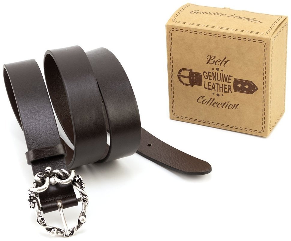 Дизайнерський жіночий італійський шкіряний ремінь із пряжкою з черепами Gherardini 35307 темно-коричневий modnotak фото №6