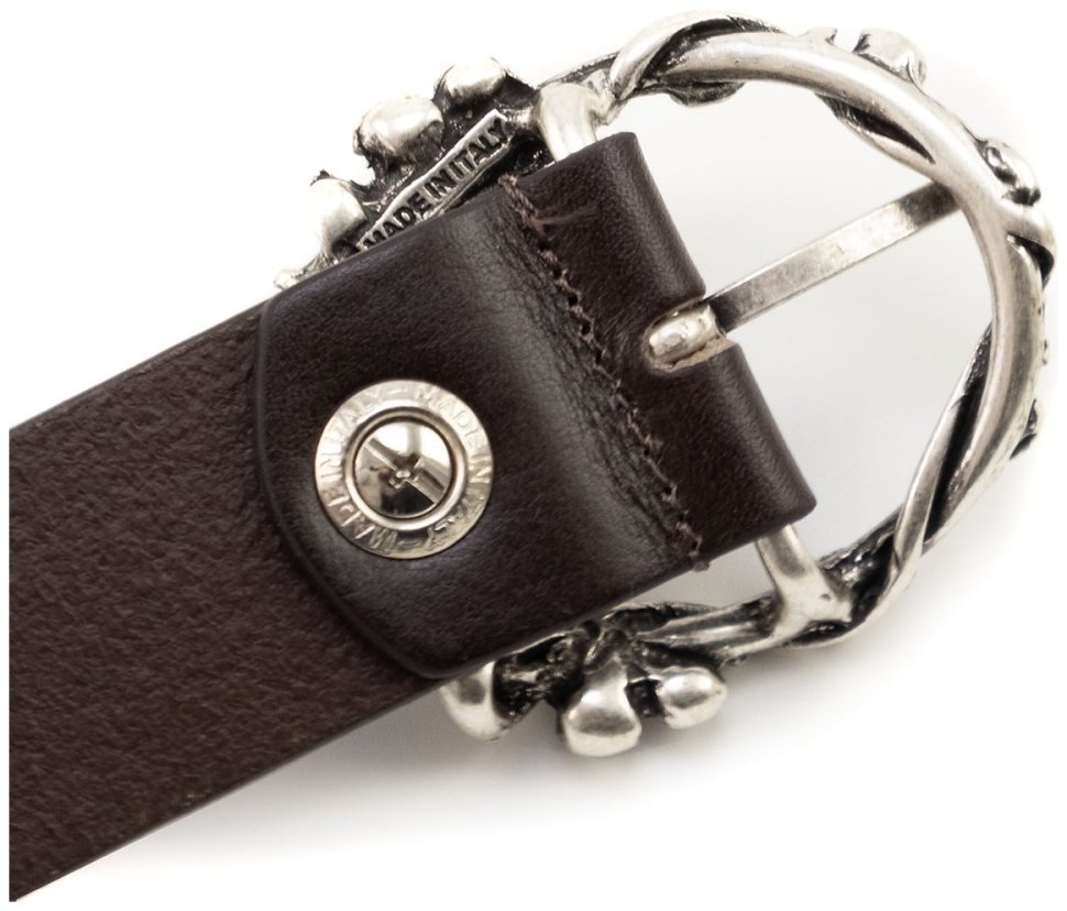 Дизайнерський жіночий італійський шкіряний ремінь із пряжкою з черепами Gherardini 35307 темно-коричневий modnotak фото №3