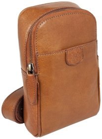 Качественная мужская сумка-слинг из натуральной гладкой кожи рыжего цвета Ashwood T75 94241 (Великобритания)