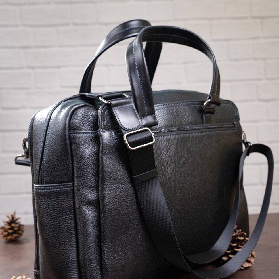 Солідна чоловіча сумка-портфель на два відділи з натуральної шкіри чорного кольору SHVIGEL (11123)