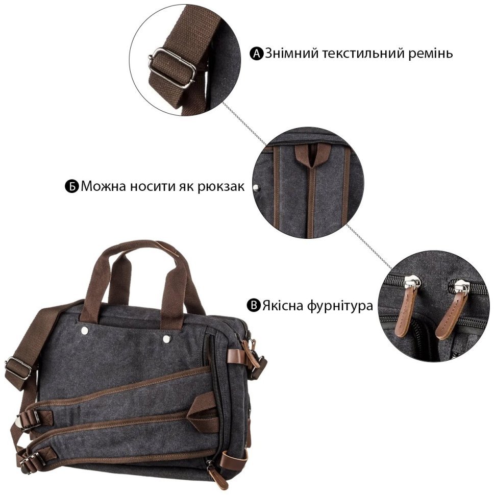 Оригинальная мужская сумка-трансформер из черного текстиля Vintage (20144) фото №8 Оригинальная мужская сумка-трансформер из черного текстиля Vintage (20144) modnotak фото №8