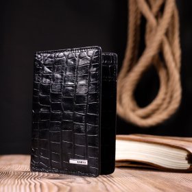 Классическая черная обложка на паспорт из натуральной кожи под крокодила KARYA (2420927)
