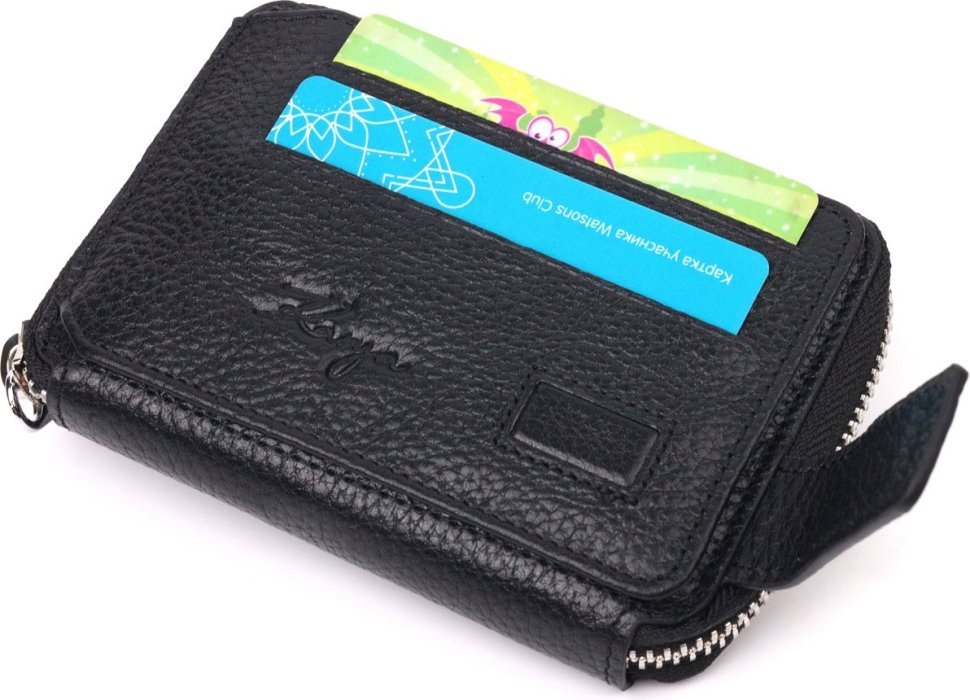 Якісний гаманець із натуральної чорної шкіри на блискавці KARYA (2421343)