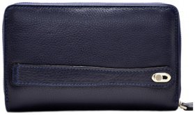 Мужской клатч из кожи флотар синего цвета с кистевым ремнем DESISAN 107441