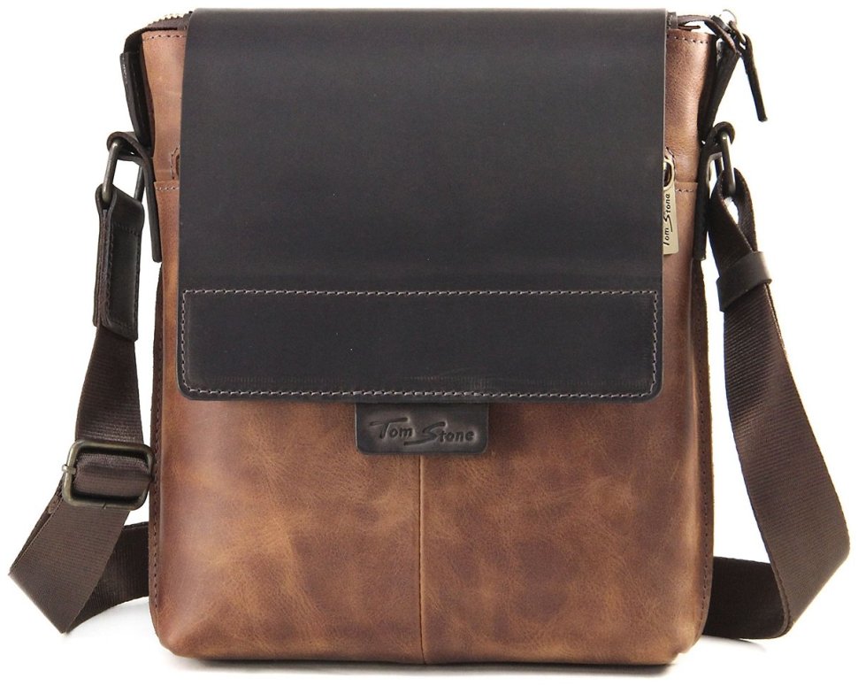 Чоловіча вінтажна сумка через плече з натуральної шкіри коричневого кольору Tom Stone 77741