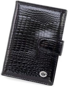 Обложка для паспорта и карточек кожаная черная лакированная ST Leather 97741
