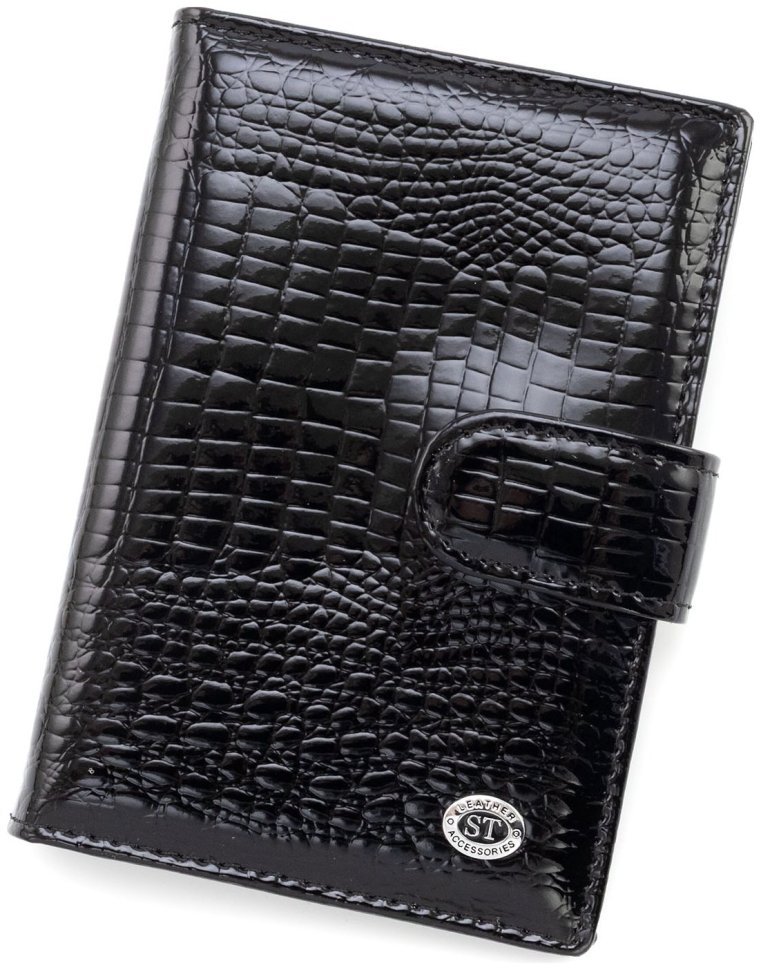 Обложка для паспорта и карточек кожаная черная лакированная ST Leather 97741 modnotak фото №1
