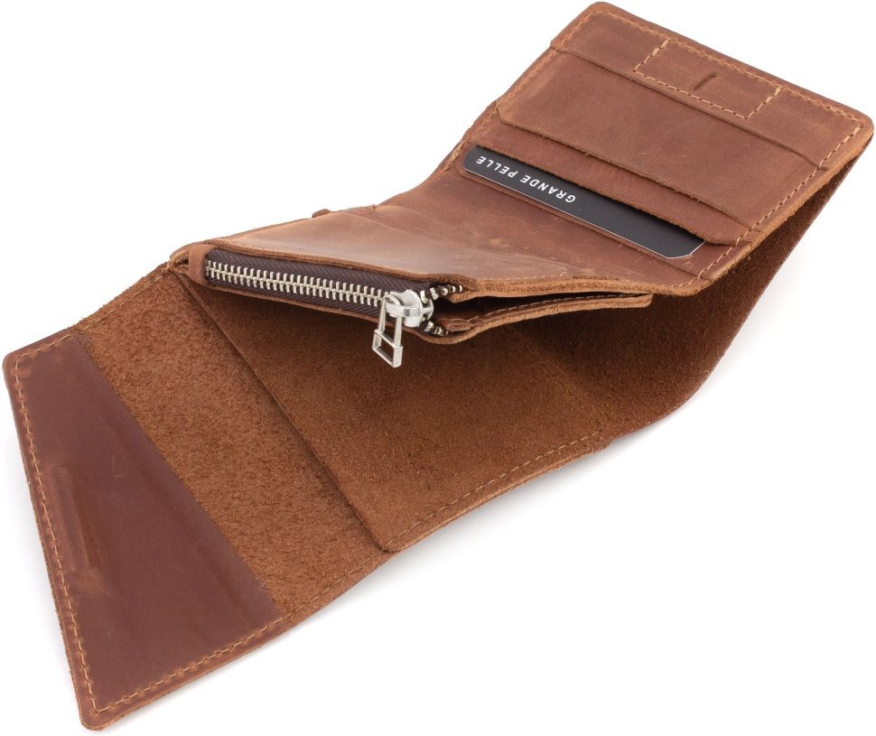 Компактний гаманець з вінтажної шкіри теракотового кольору Grande Pelle 67841