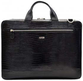 Якісний чоловічий портфель із натуральної шкіри під рептилію в чорному кольорі Desisan 80842