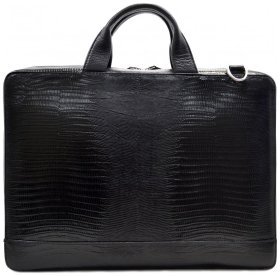 Якісний чоловічий портфель із натуральної шкіри під рептилію в чорному кольорі Desisan 80842