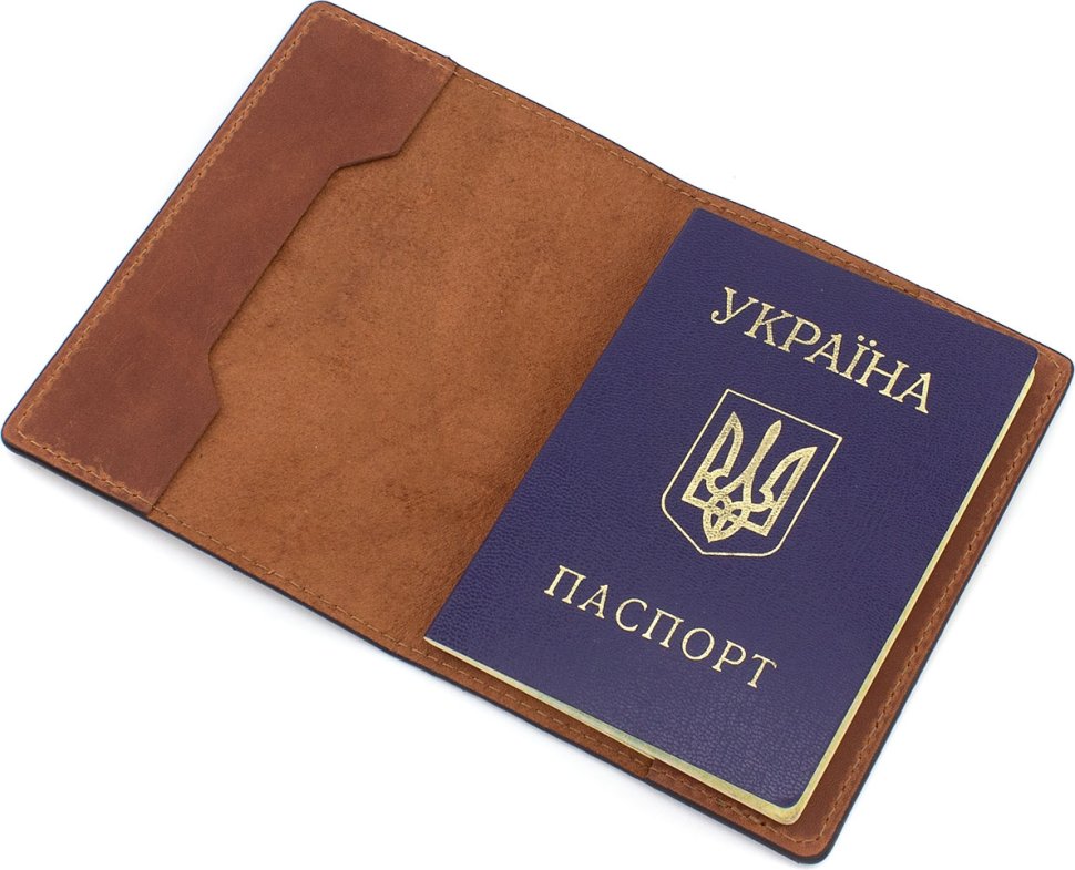 Коричневая обложка для паспорта из винтажной кожи с надписью Все буде Україна - Grande Pelle (13134)
