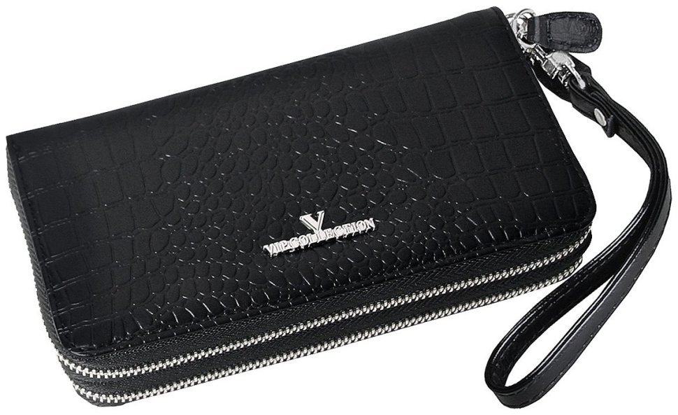 Черный клатч на две молнии из натуральной кожи кроко Vip Collection 102642 modnotak фото №1