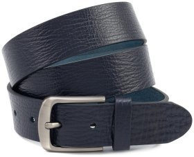Темно синий мужкой ремень из итальянской фактурной кожи с клиссической пряжкой Gherardini 40838