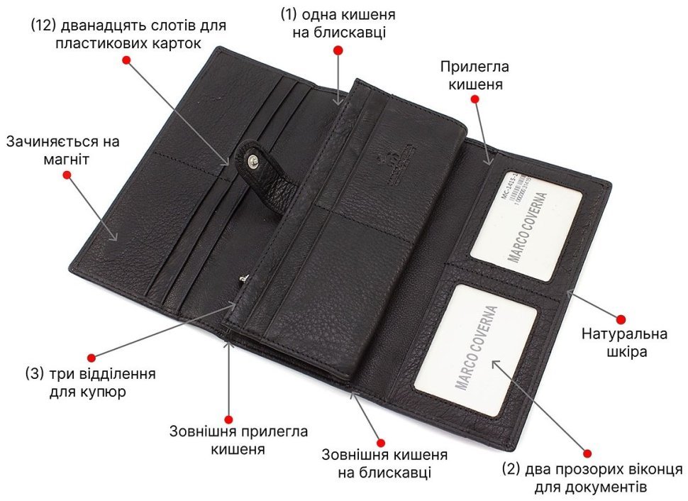 Класичний чорний гаманець для жінок з фіксацією на магнітах - Marco Coverna (17558) modnotak фото №4