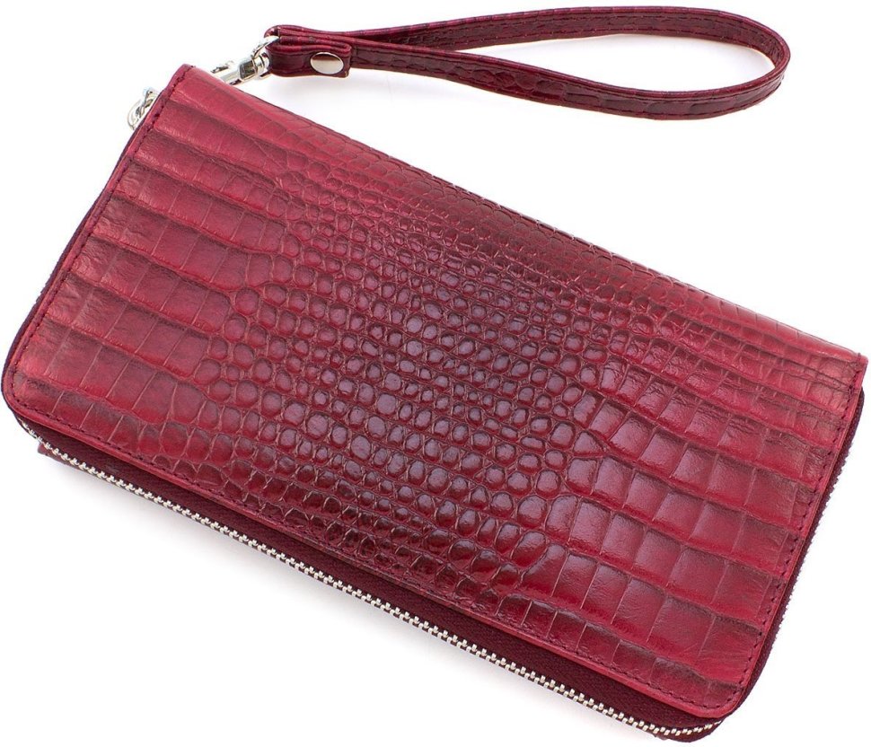 Кожаный кошелек-клатч красного цвета с ремешком на запястье KARYA (12395)