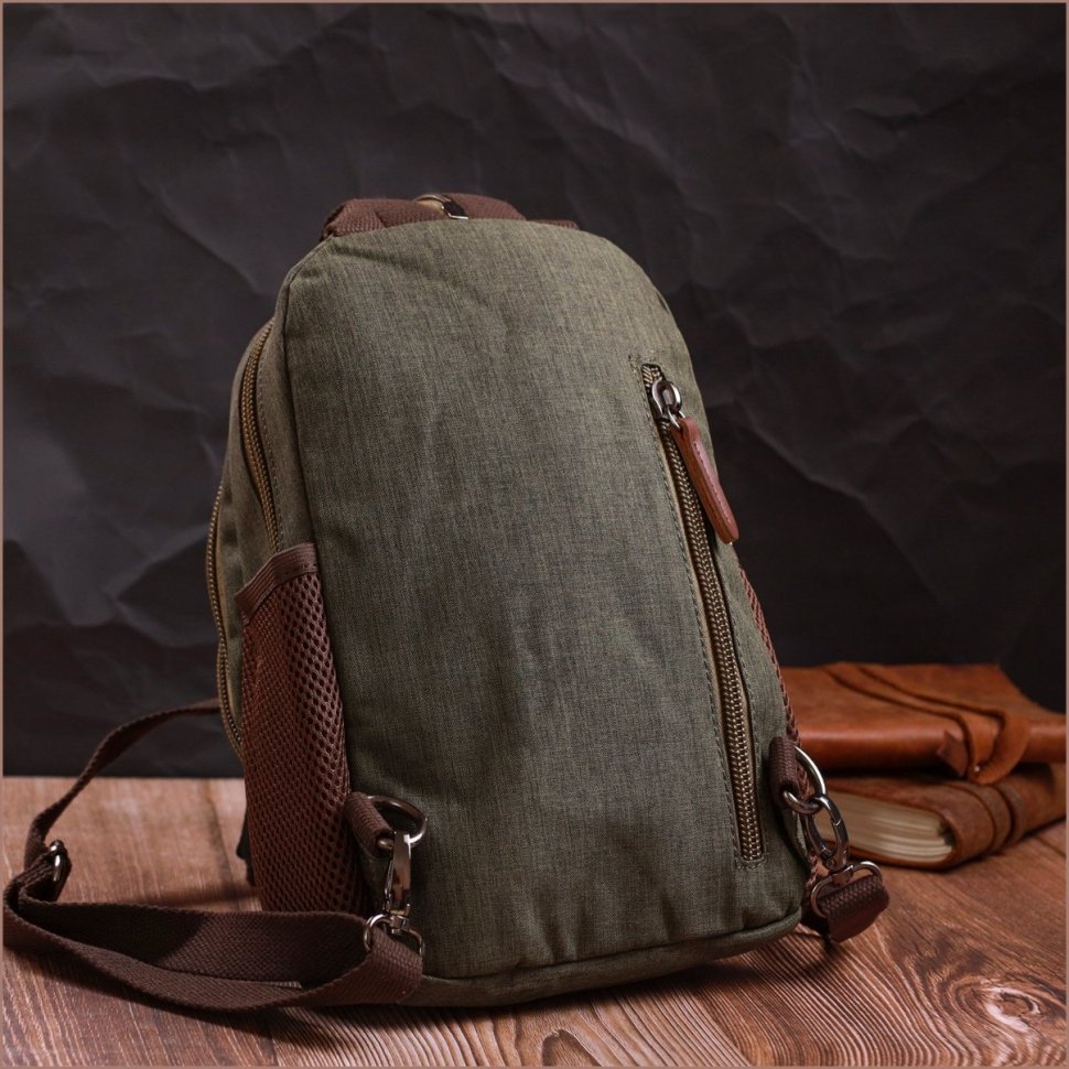Чоловіча сумка-рюкзак середнього розміру з оливкового текстилю Vintage 2422145