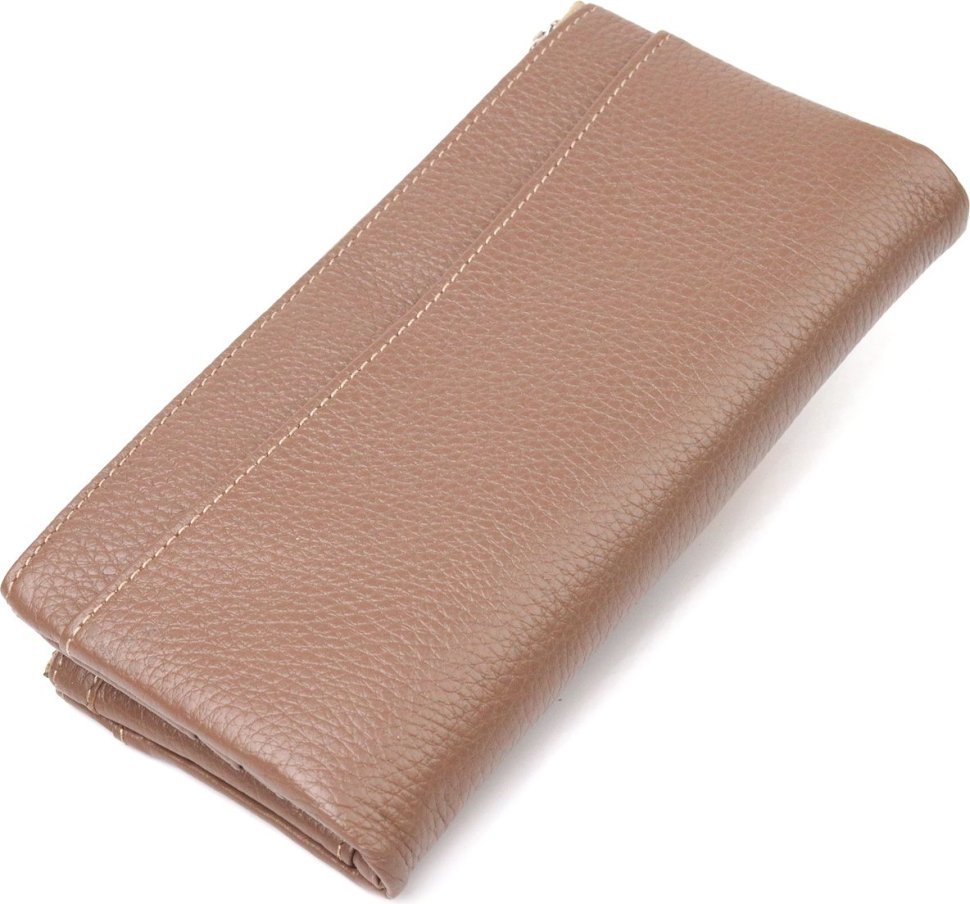 Жіночий гаманець бежевий великого розміру з натуральної зернистої шкіри з хлястиком на кнопці CANPELLINI (21634)