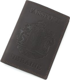Темно-коричневая патриотичная обложка для паспорта из винтажной кожи с гербом Украины - BlankNote (50243)