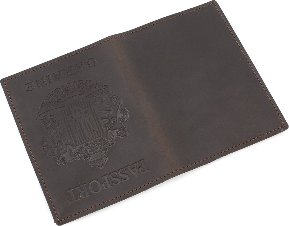 Темно-коричневая патриотичная обложка для паспорта из винтажной кожи с гербом Украины - BlankNote (50243)